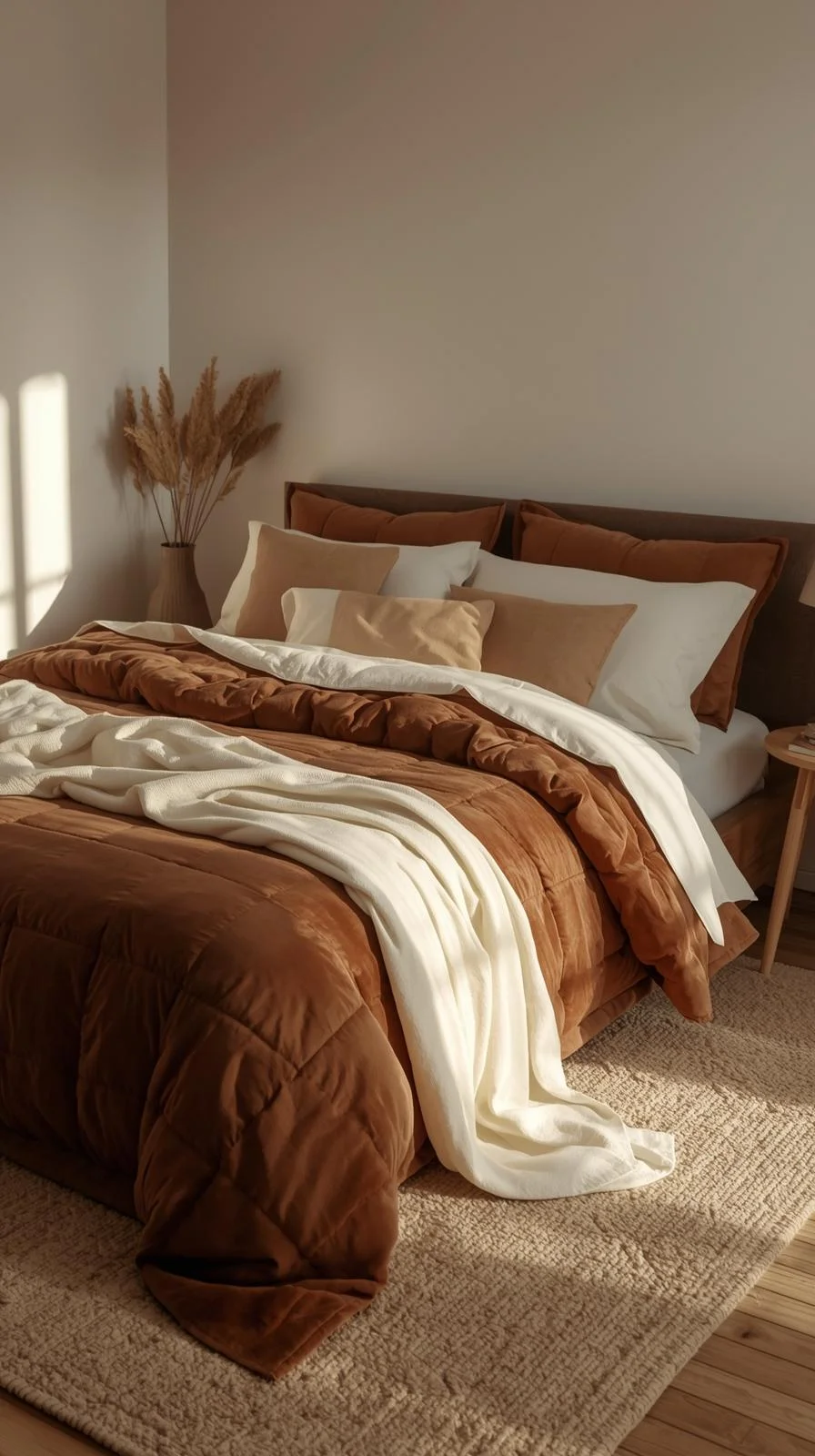 Brown bedding aesthetic with a brown quilt, cream pillows, and a soft cream throw for a cozy, balanced bedroom look.