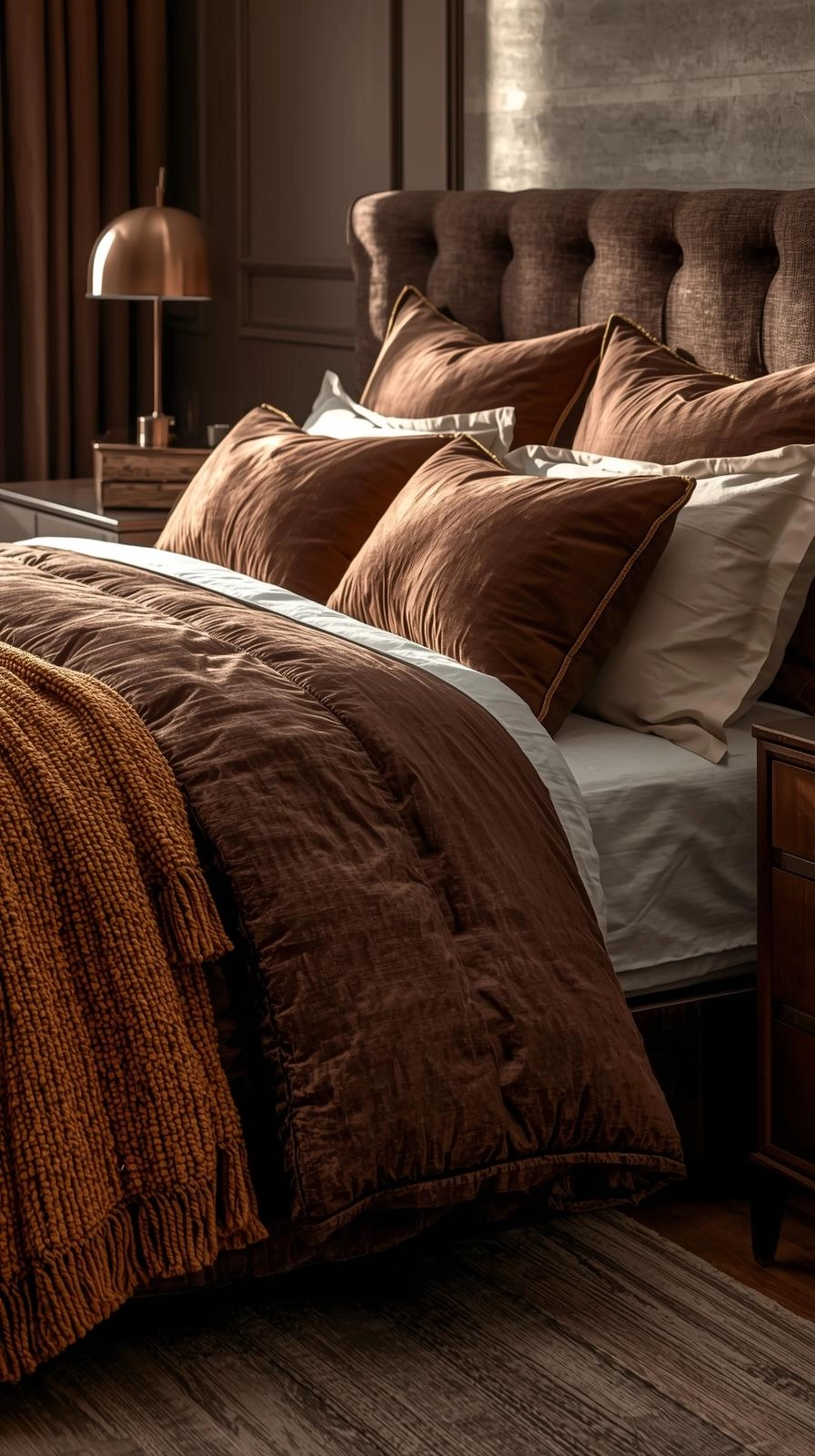 Brown bedding aesthetic with gold and bronze accents including throw pillows and a bedside lamp for a warm, elegant bedroom look.