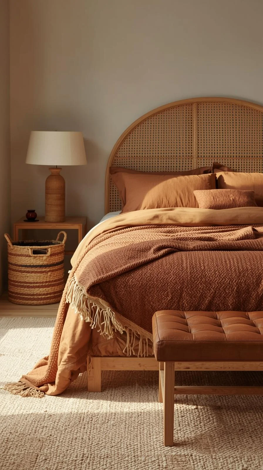Brown bedding aesthetic with wood frame, rattan headboard, and leather bench for a natural, earthy bedroom style.