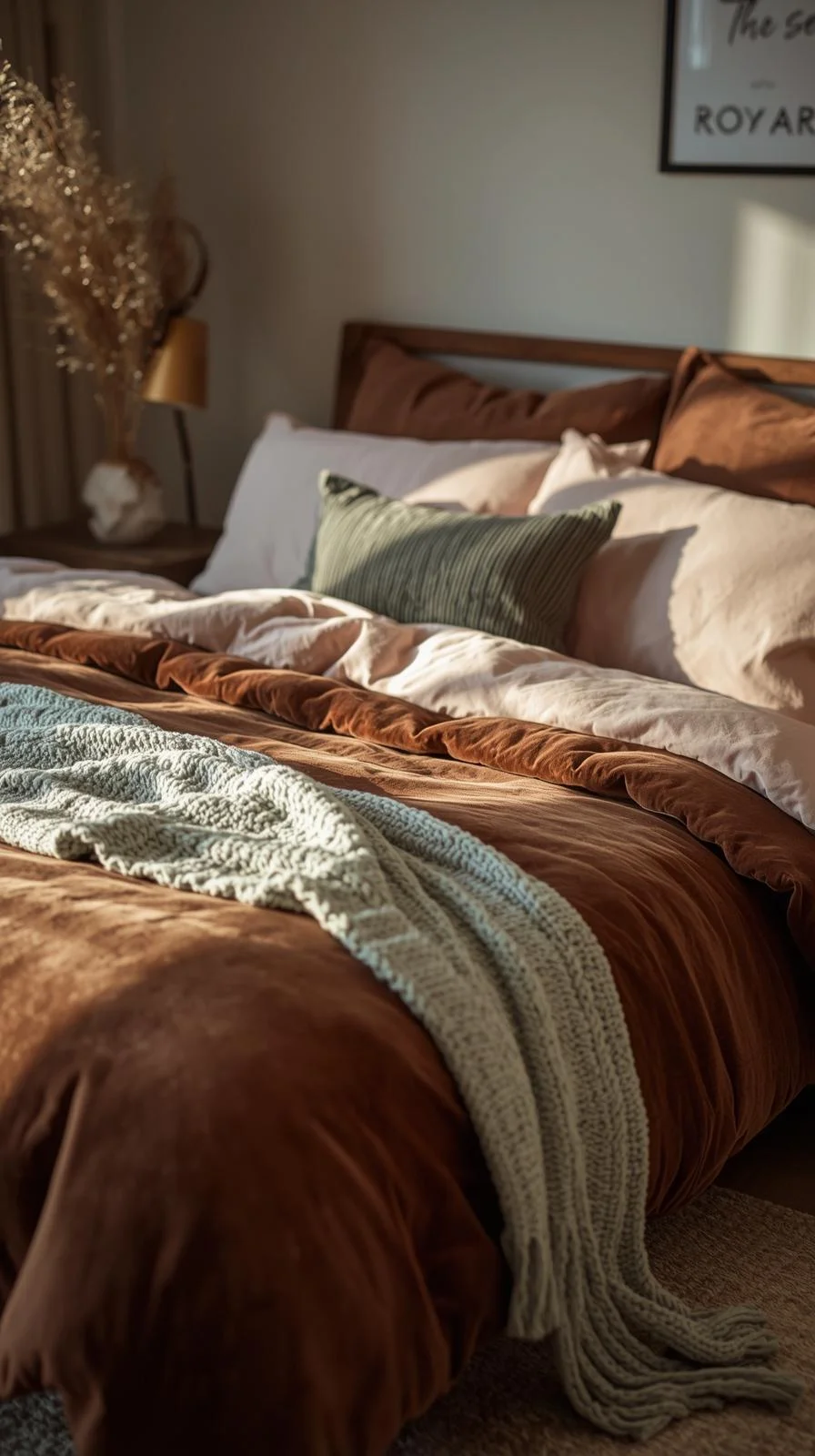 Brown bedding aesthetic with dark brown comforter, blush pink sheets, and sage pillows for a soft pastel bedroom style.