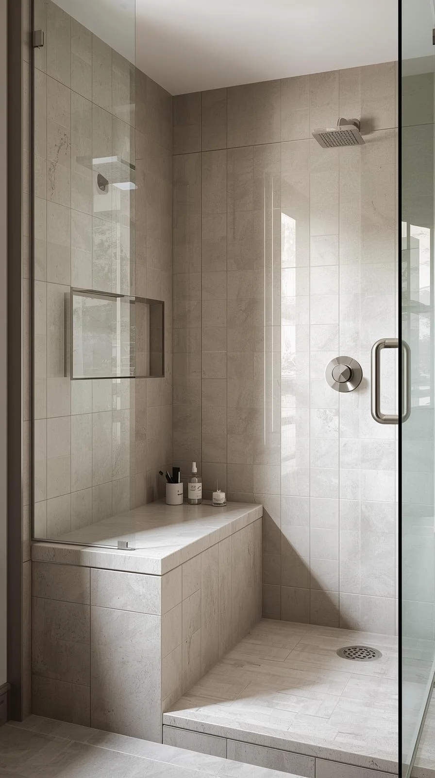 Walk in shower with wall no door ideas featuring a built in bench with stone slab top in a modern bathroom