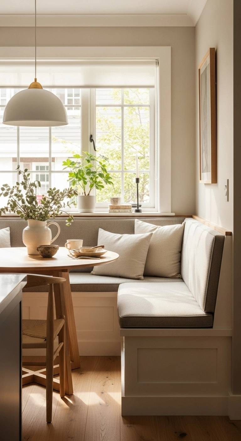 Built-in bench in a cozy corner dining nook with soft cushions and natural light.