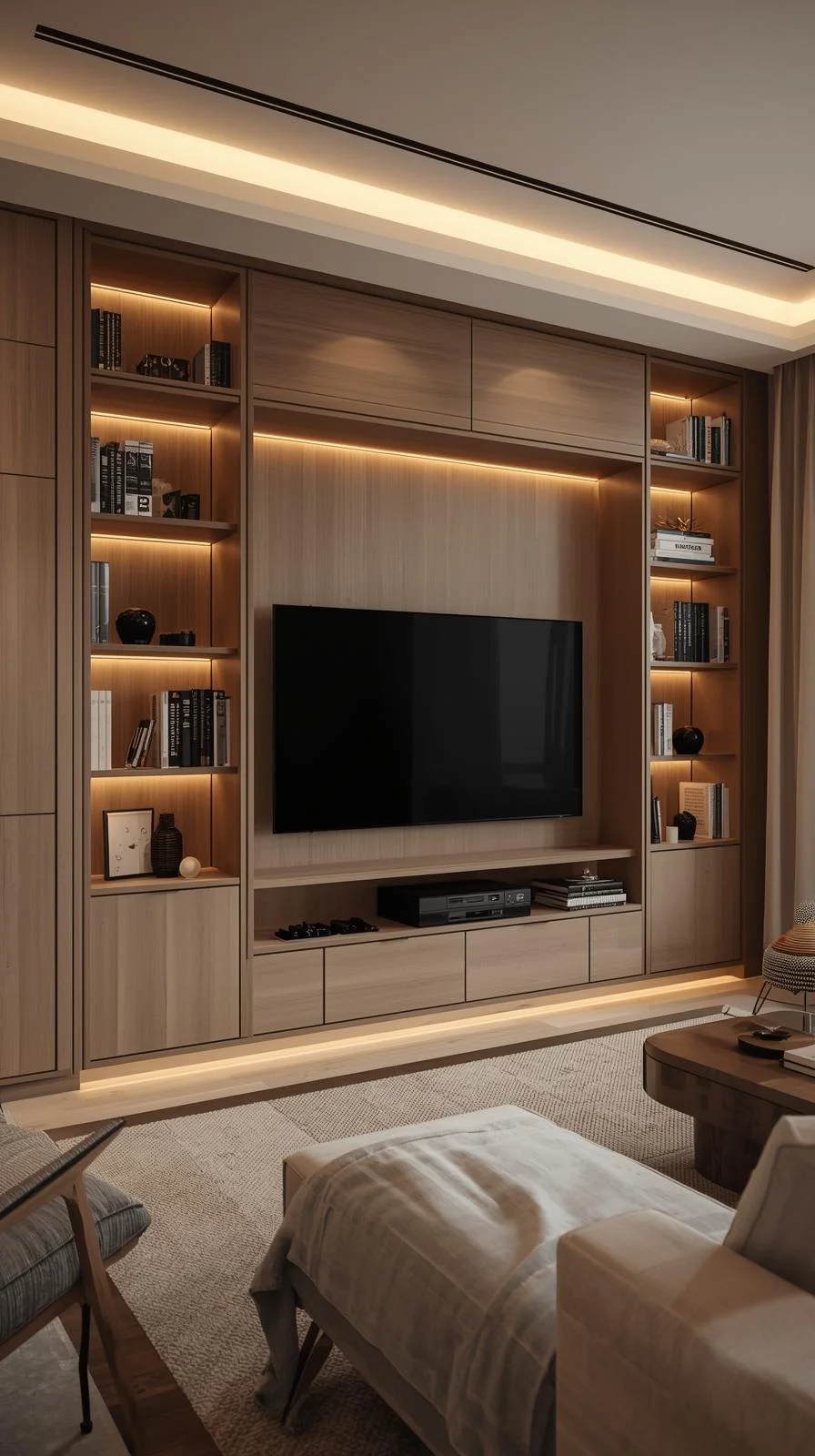 Modern built-in wall unit with large TV in a stylish living room featuring storage cabinets and open shelving.