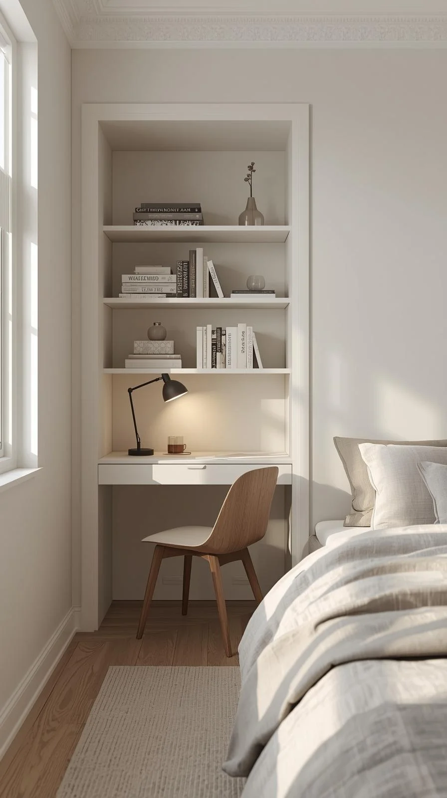 Small bedroom with a built-in wall niche office nook, showing smart office bedroom combo ideas with shelving and lighting.