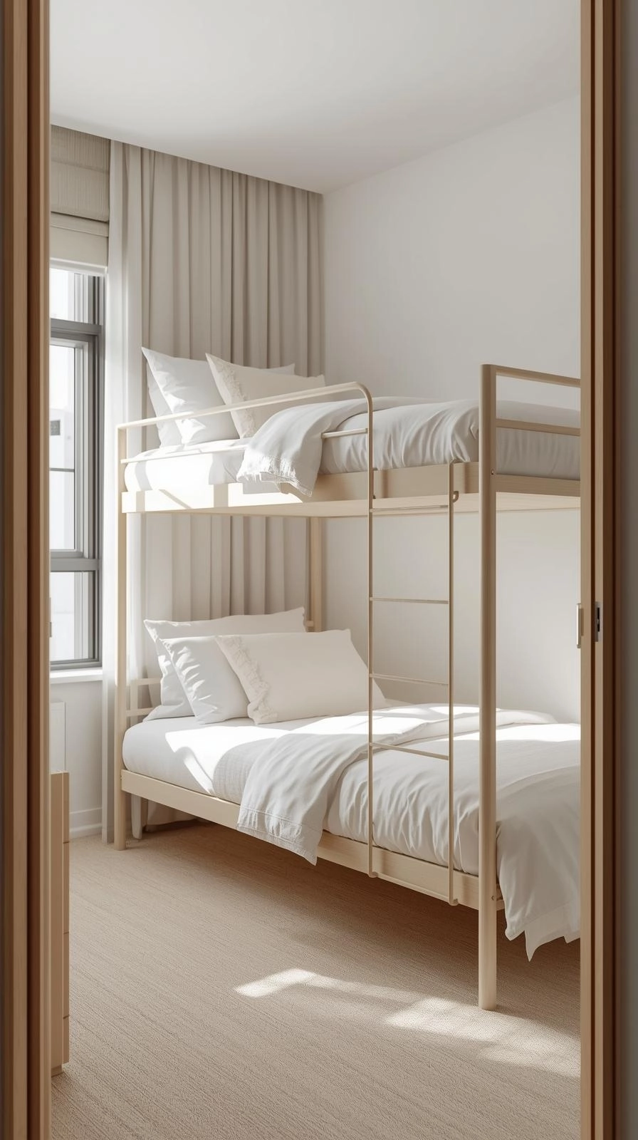 Twin beds in one room ideas with slim bunk-style design, saving space and keeping the shared bedroom open and modern.