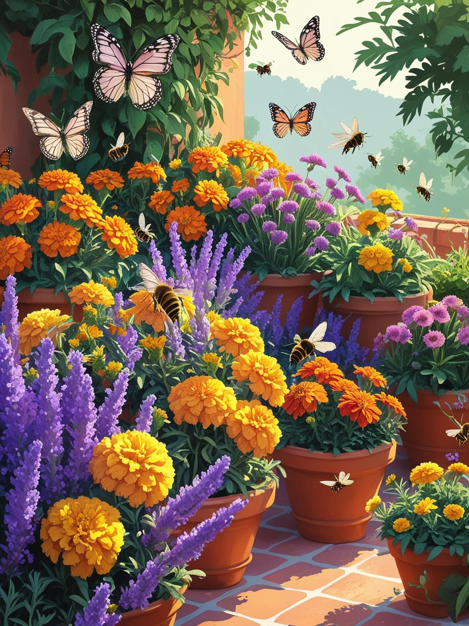 Butterflies and bees among marigolds and lavender in a blooming, thriving terrace garden full of life and pollination.