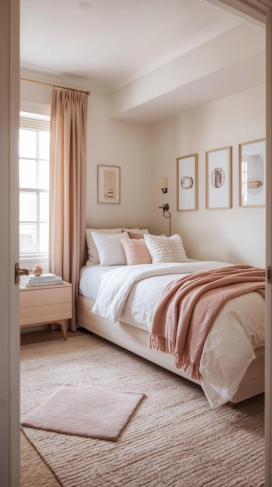 Girls dorm room with soft beige and pink color theme, calm decor, and natural light showing peaceful dorm room design ideas.