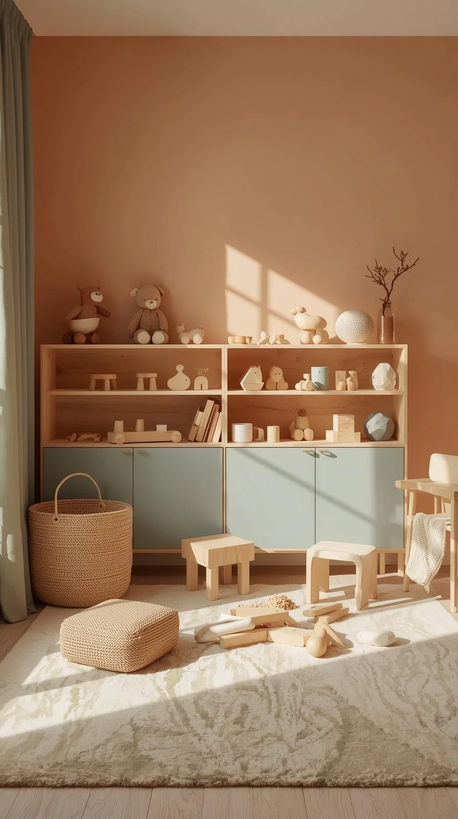 Waldorf playroom with soft earthy wall colors in peach, green, and blue creating a soothing atmosphere.
