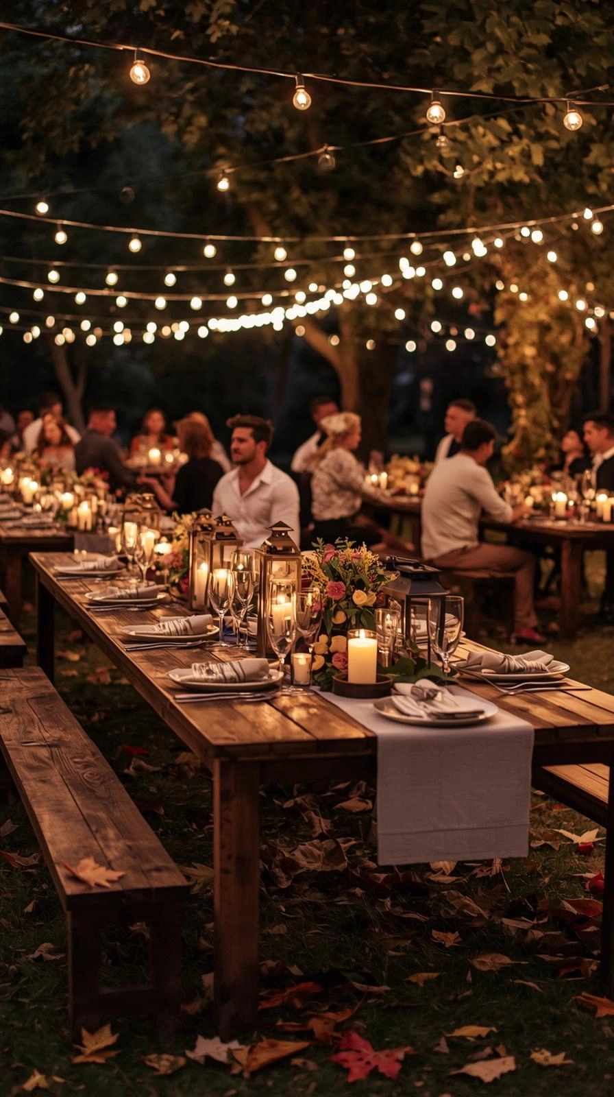 Fall baby shower with glowing candles, lanterns, and fairy lights creating a cozy autumn atmosphere