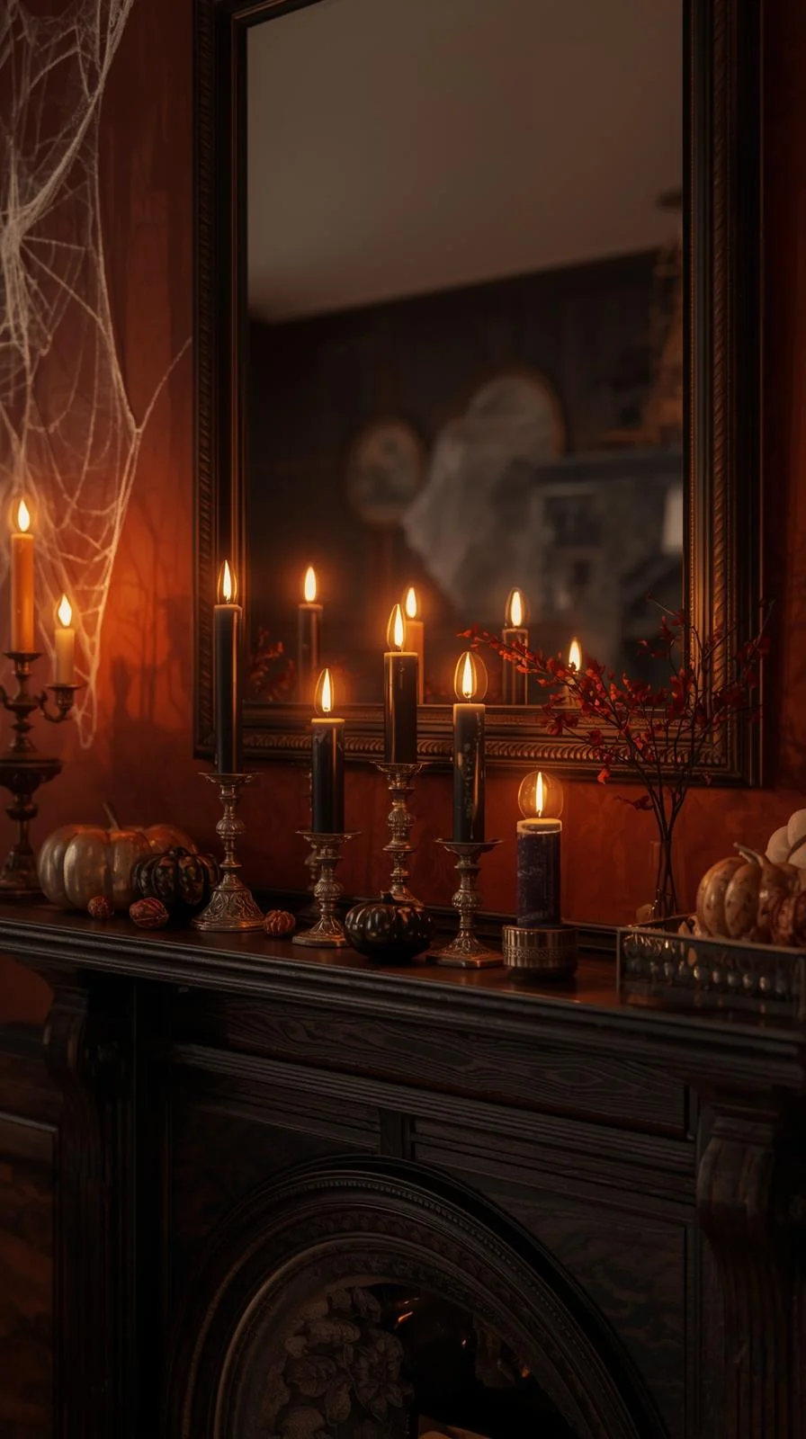 Cozy living room with candlelit shadows and vintage accents for spooky season home decor.