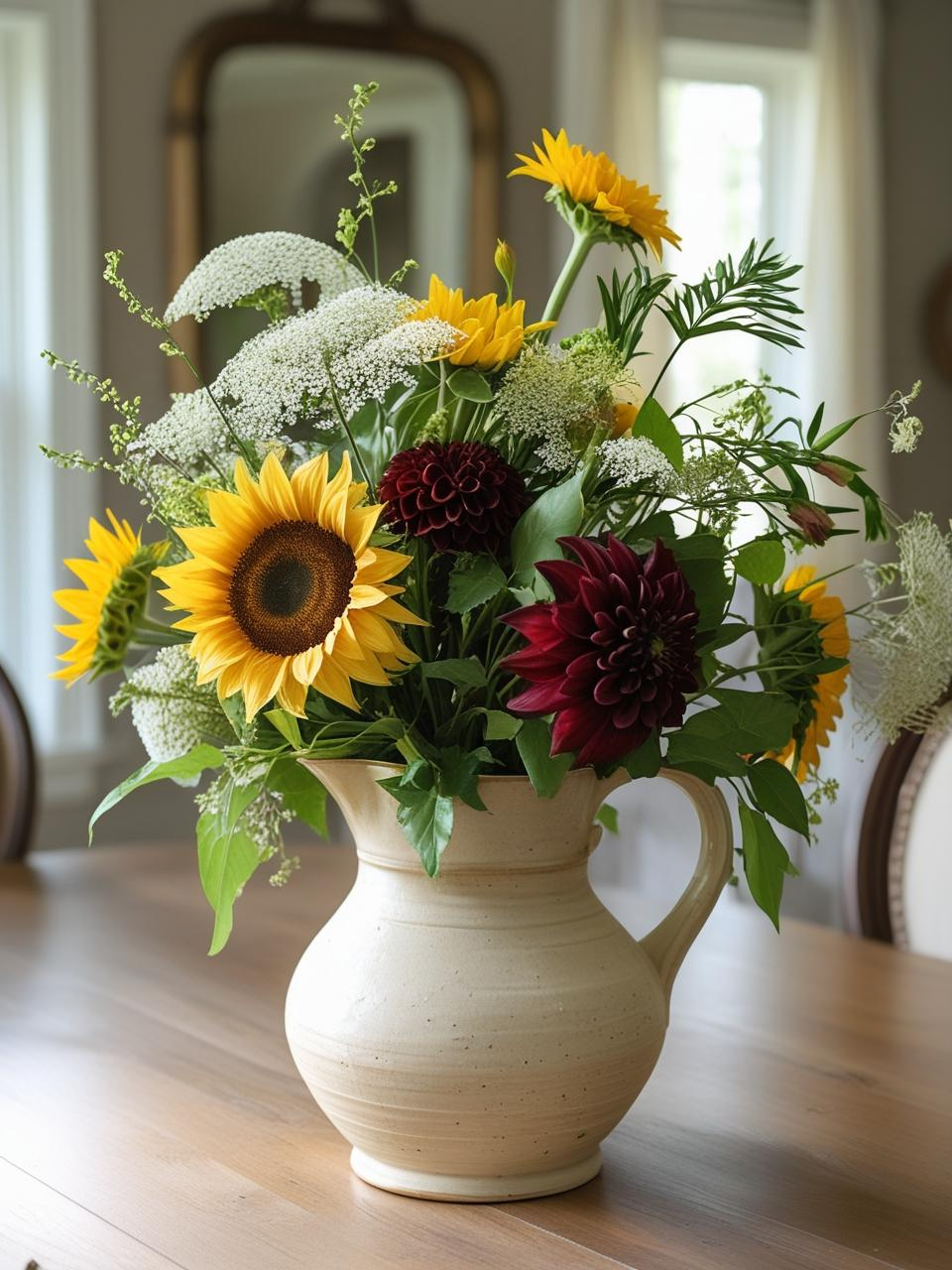 Ceramic pitcher with garden-cut flowers centerpiece on a dining room table – Dining Room Table Centerpiece Ideas.