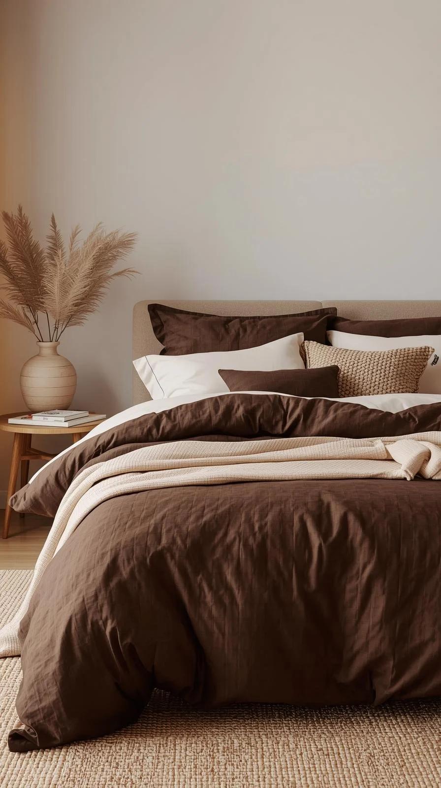 Brown bedding aesthetic with a rich chocolate duvet, cream pillows, and beige accents for a cozy, balanced bedroom look.