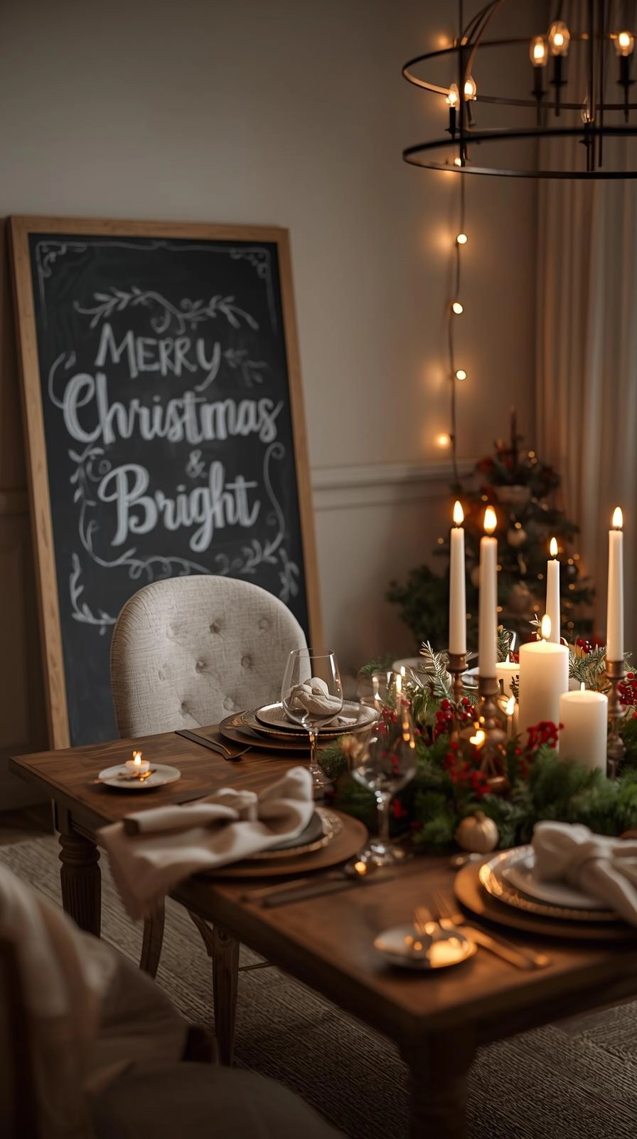 Christmas chalkboard art with dinner menu beside festive dining table decorated with candles and greenery.