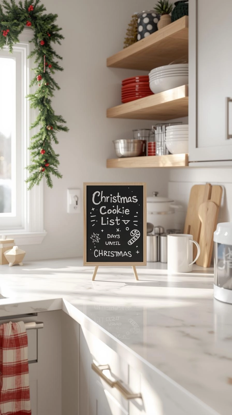 Christmas chalkboard art used as a kitchen message board with festive doodles and cookie list decor.