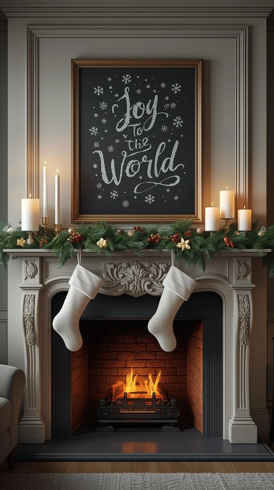 Christmas chalkboard art displayed above a festive fireplace mantel with candles, greenery, and stockings.