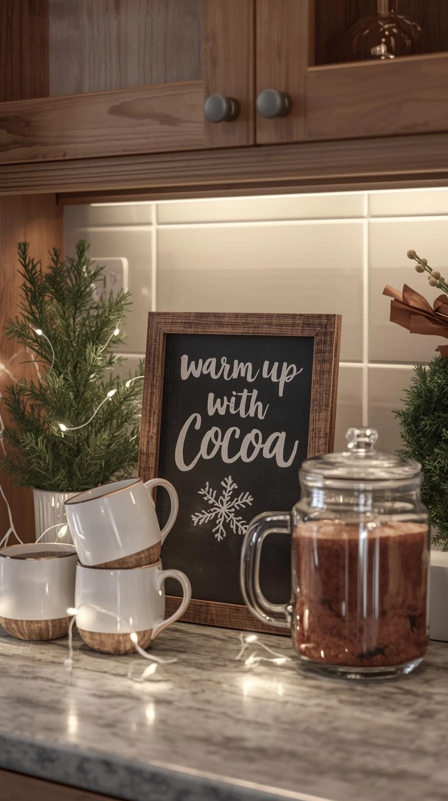 Festive kitchen coffee bar with a small Christmas chalkboard sign, mugs, and holiday accents.