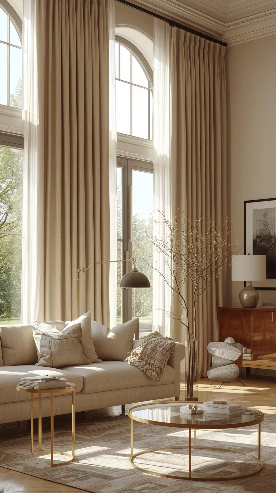 Classic drapes as curtains for living room windows in a bright, modern home with floor-length linen fabric framing large windows.