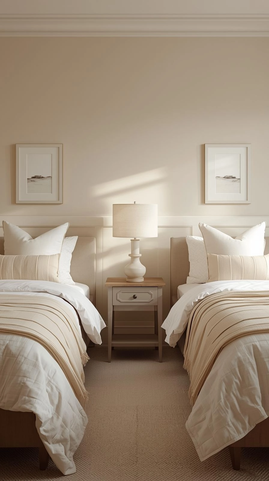 Twin beds in one room ideas with classic side-by-side arrangement, featuring matching bedding and a shared nightstand.