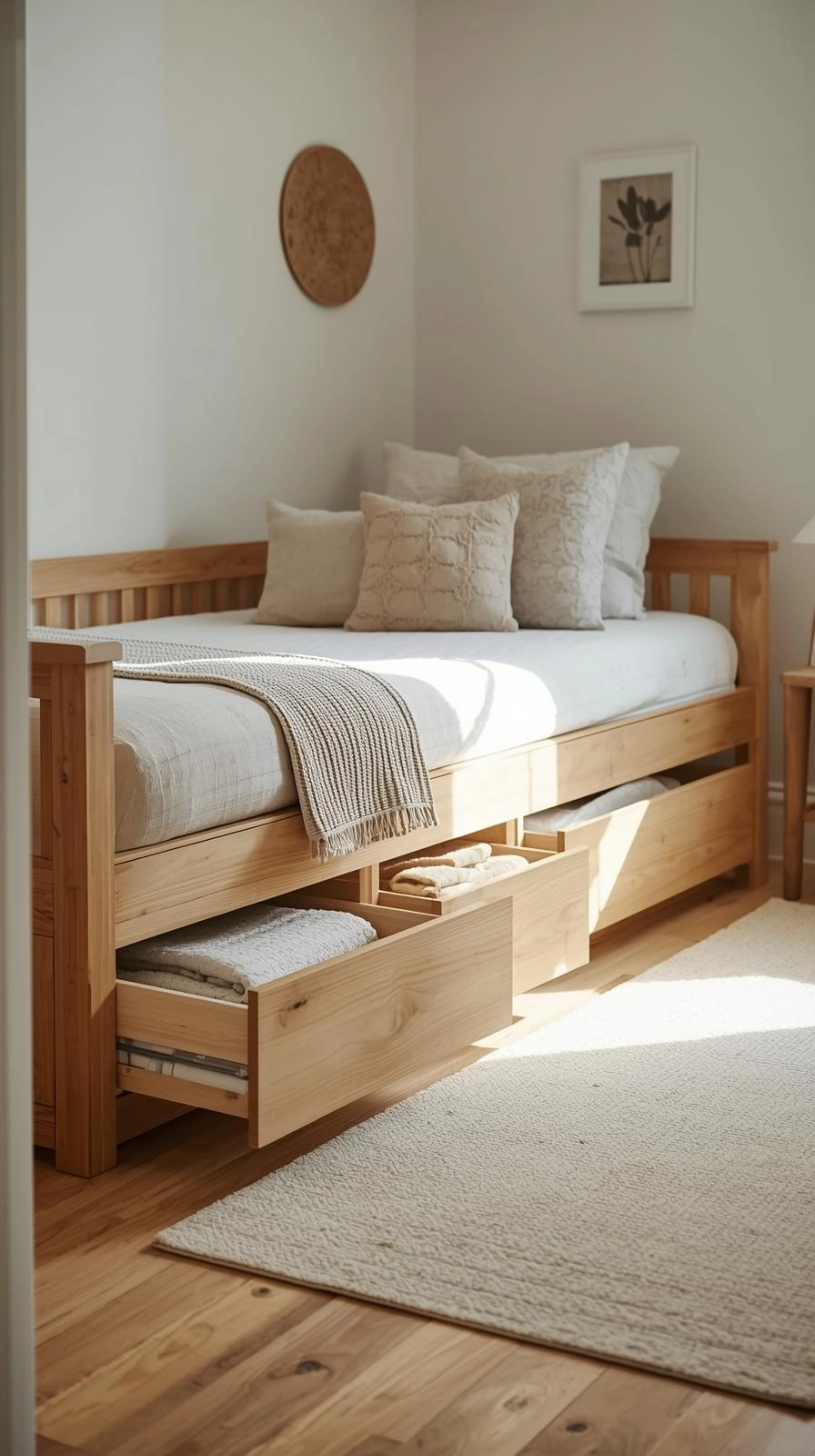 Classic wooden daybed with deep storage drawers in a bright, modern bedroom, showing folded blankets inside.