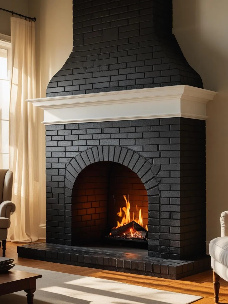 Classic matte black brick fireplace with white mantel, warm wood floors, and linen curtains for timeless living room style.