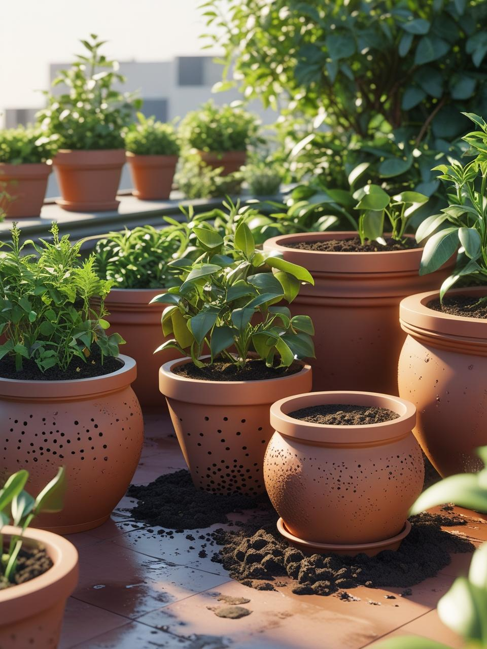 Clay and terracotta pots with healthy plants on a rooftop, showing ideal containers for a thriving terrace garden.