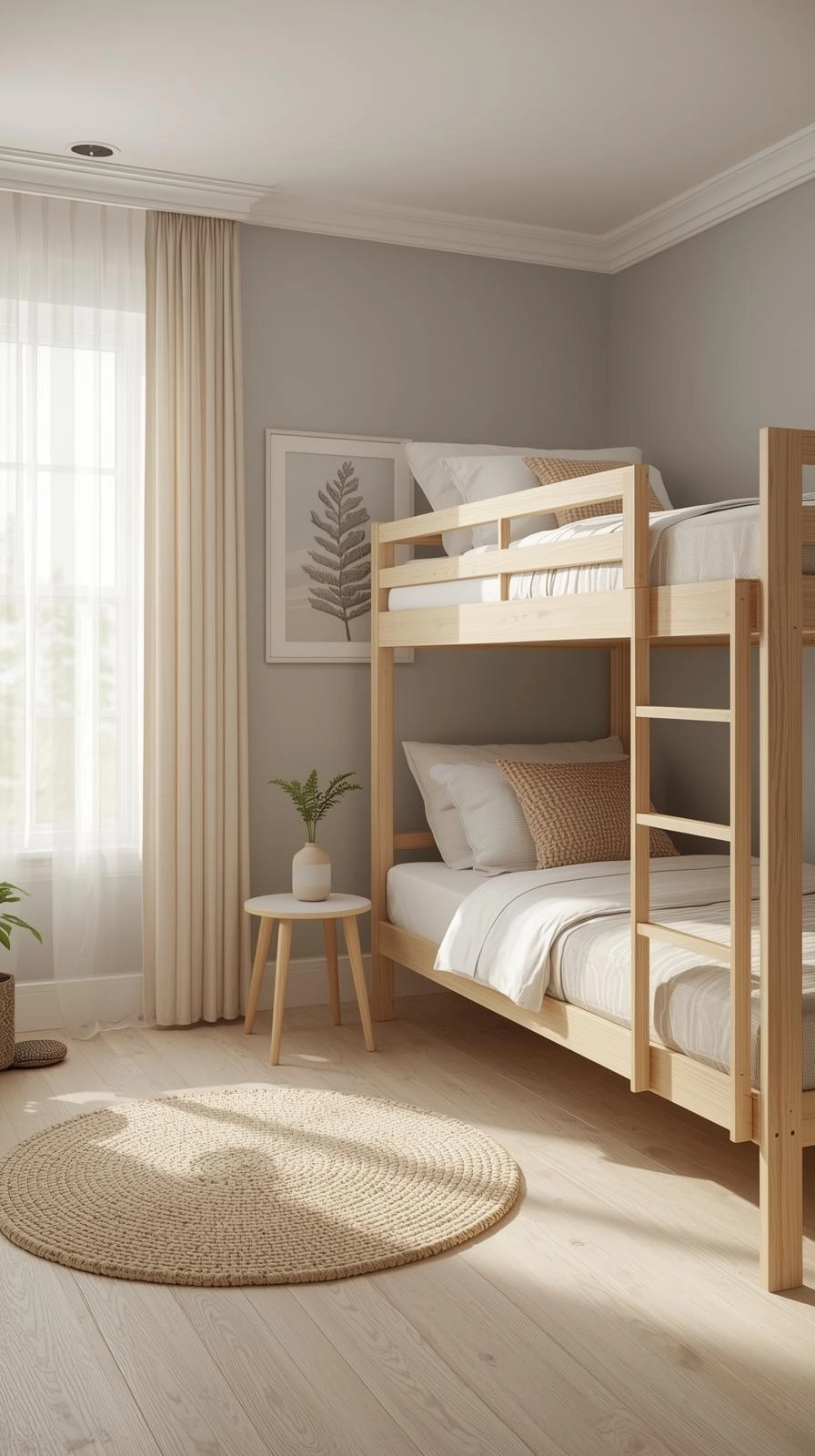 Modern bunk bedroom decor ideas featuring soft neutral tones, wooden bunk beds, and natural light for a clean, aesthetic look.
