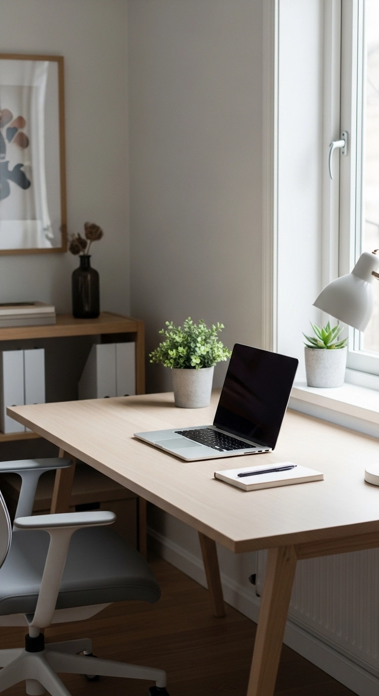 A clean Scandinavian home office with a clutter-free wooden desk and simple essentials arranged neatly for a clear workspace.
