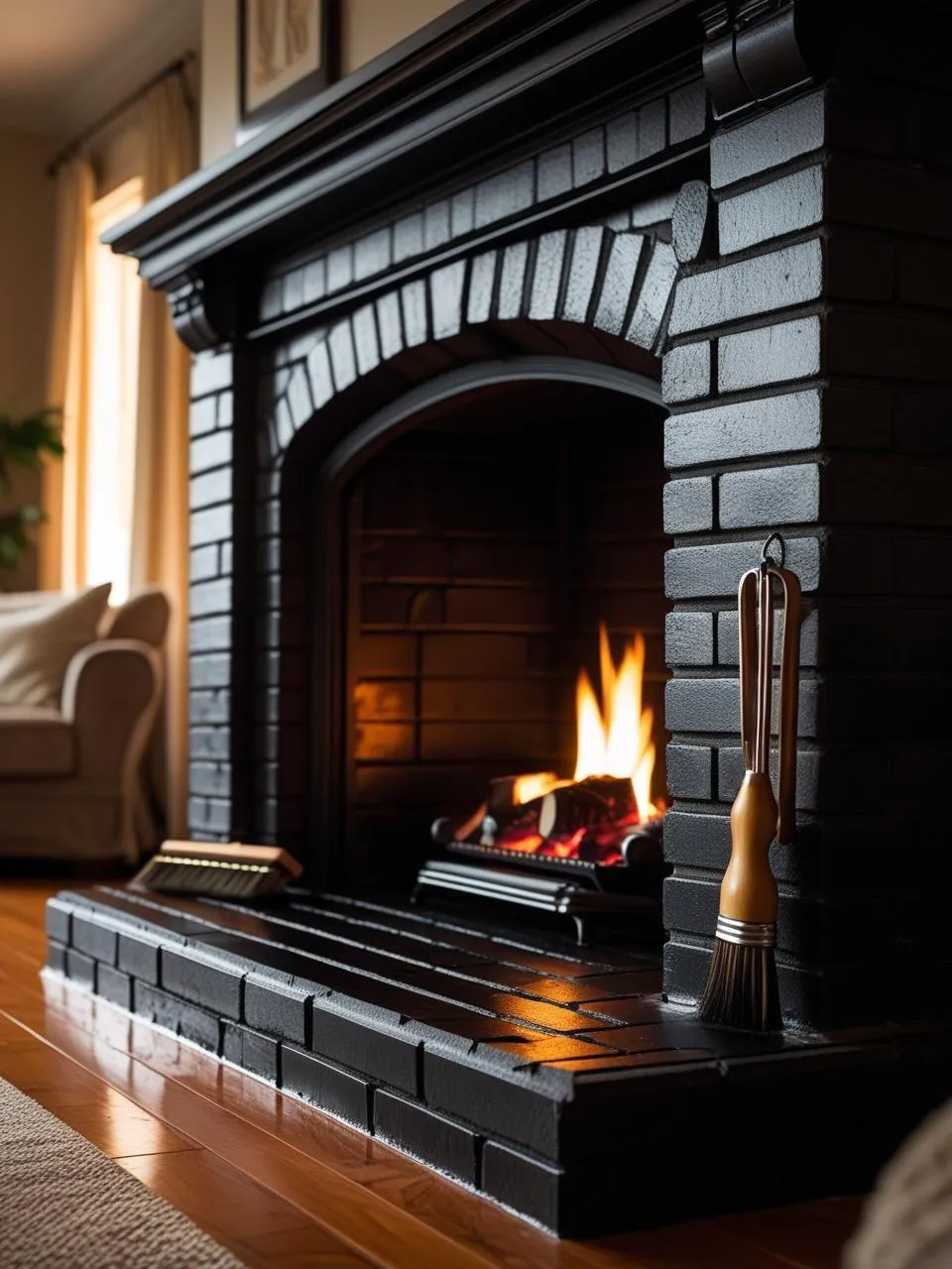 Clean and well-maintained black brick fireplace with even finish, showing proper care and upkeep.