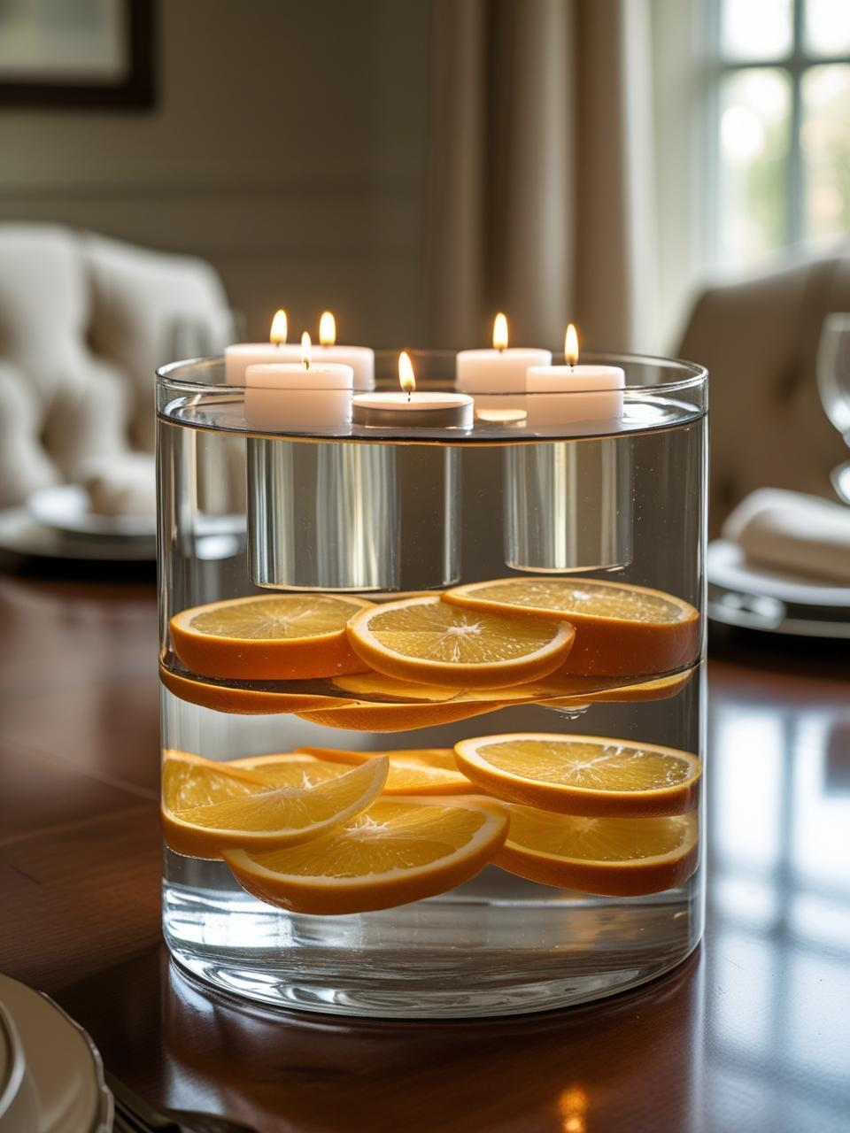 Clear glass cylinder with floating candles and flower petals centerpiece on a dining room table – Dining Room Table Centerpiece Ideas.