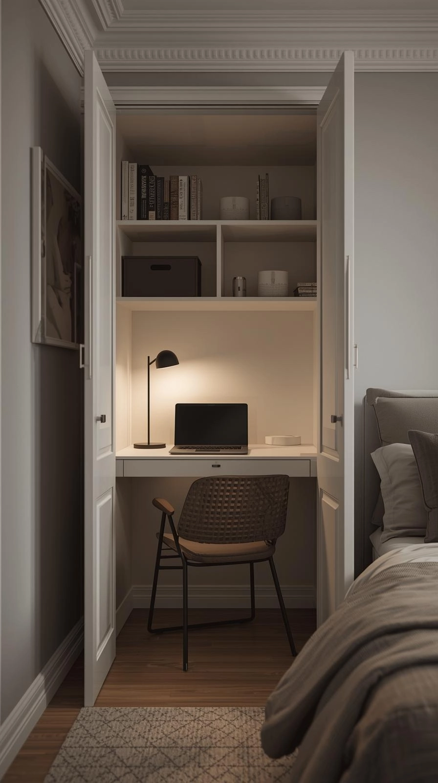Small bedroom with a closet converted into an office nook, showing practical office bedroom combo ideas.