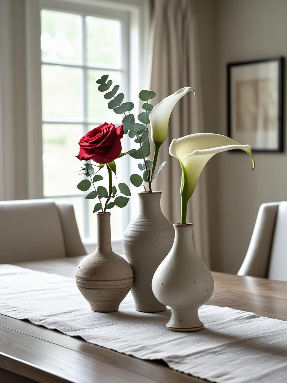 Cluster of small vases with single stems centerpiece on a dining room table – Dining Room Table Centerpiece Ideas.