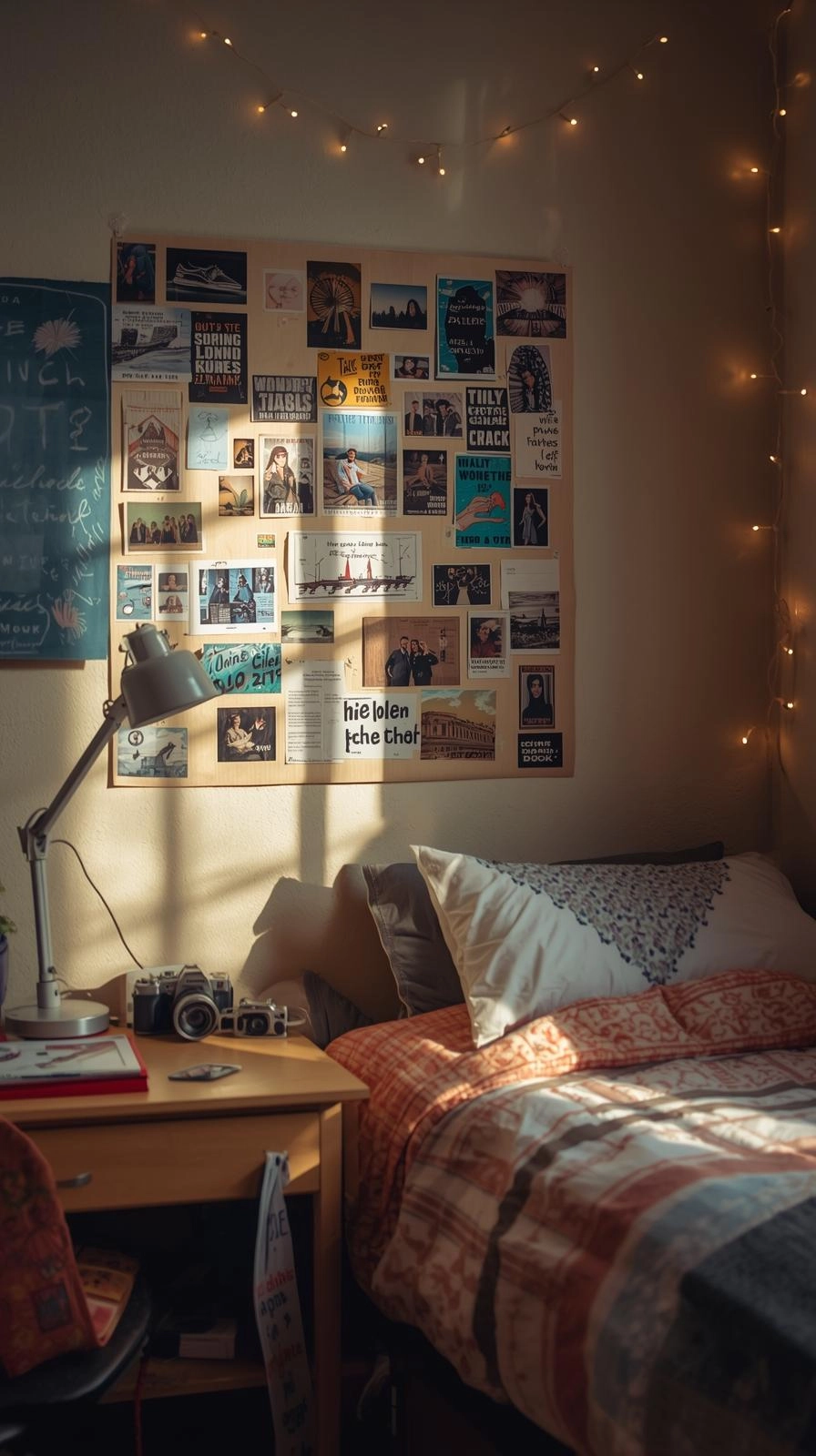 A cozy dorm room with a handmade collage poster made of photos and magazine cutouts, adding a personal and creative touch.