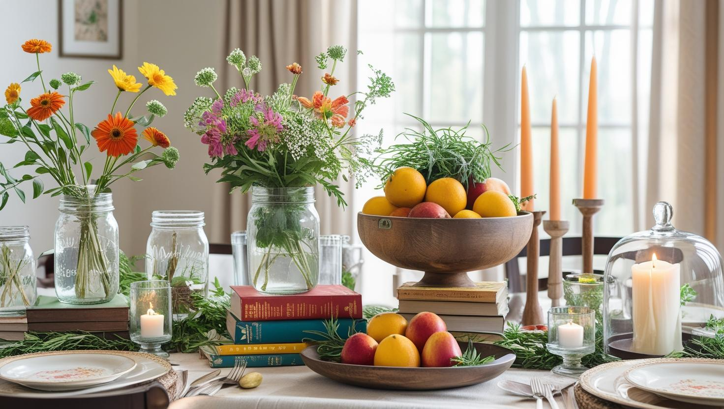 Colorful dining room table with multiple styled centerpieces including flowers, fruit, candles, and greenery – Dining Room Table Centerpiece Ideas.