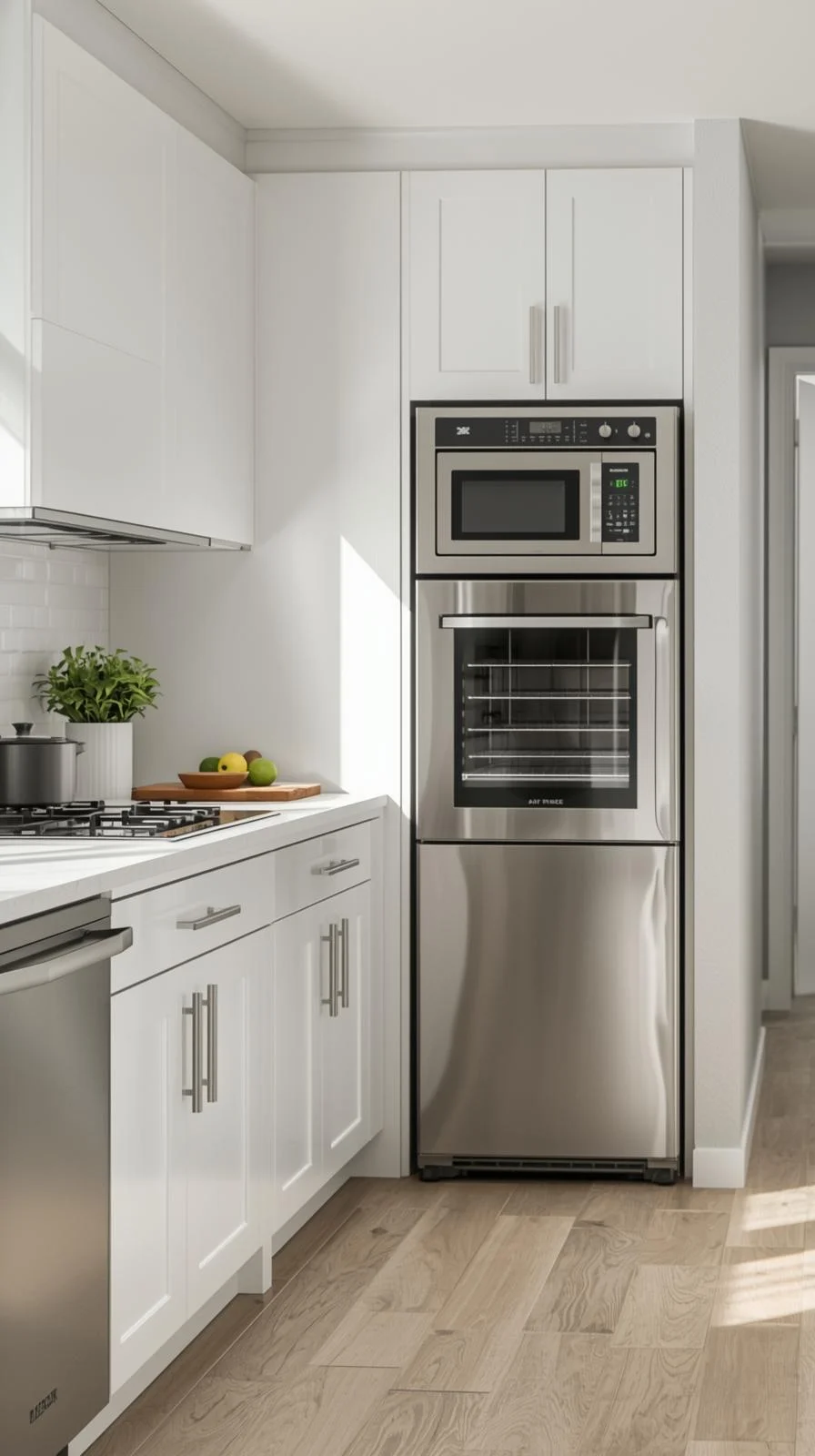 Small space kitchen storage ideas with compact appliances including slim dishwasher, two-burner cooktop, and counter oven.