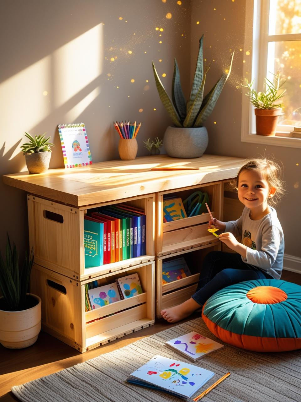 Compact homeschool setup for small spaces with stackable crate desk and floor pillow seating for kids.