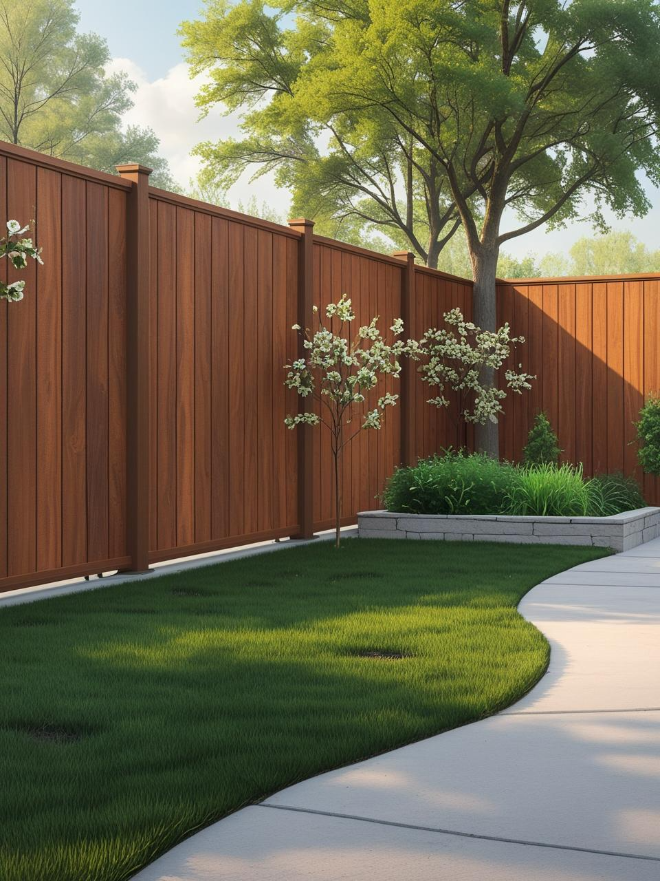Composite wood-look backyard fence shown in a cozy yard for low maintenance backyard fencing ideas.