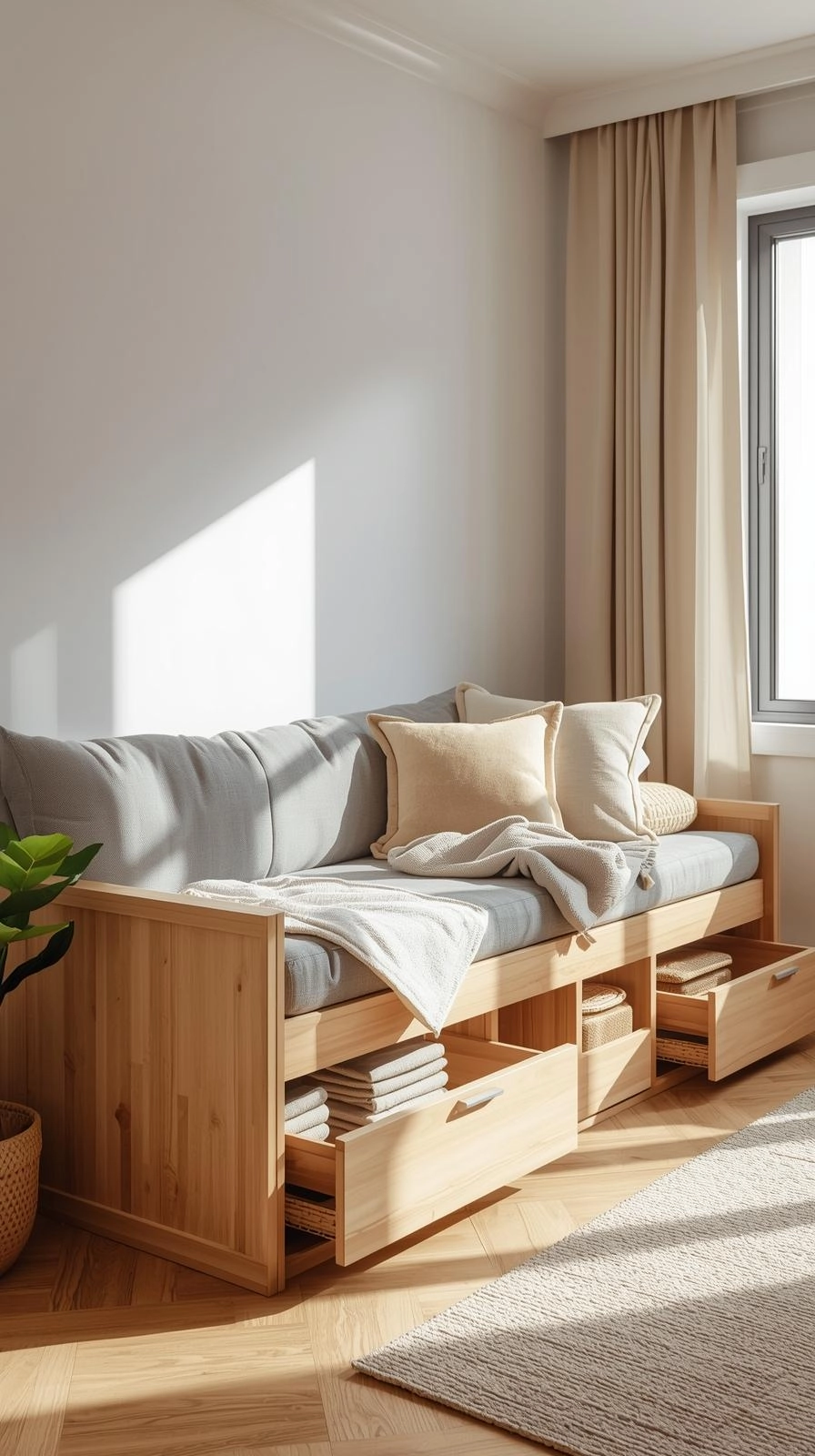 A modern convertible modular daybed with removable drawers and open shelves for flexible storage in a bright living room.