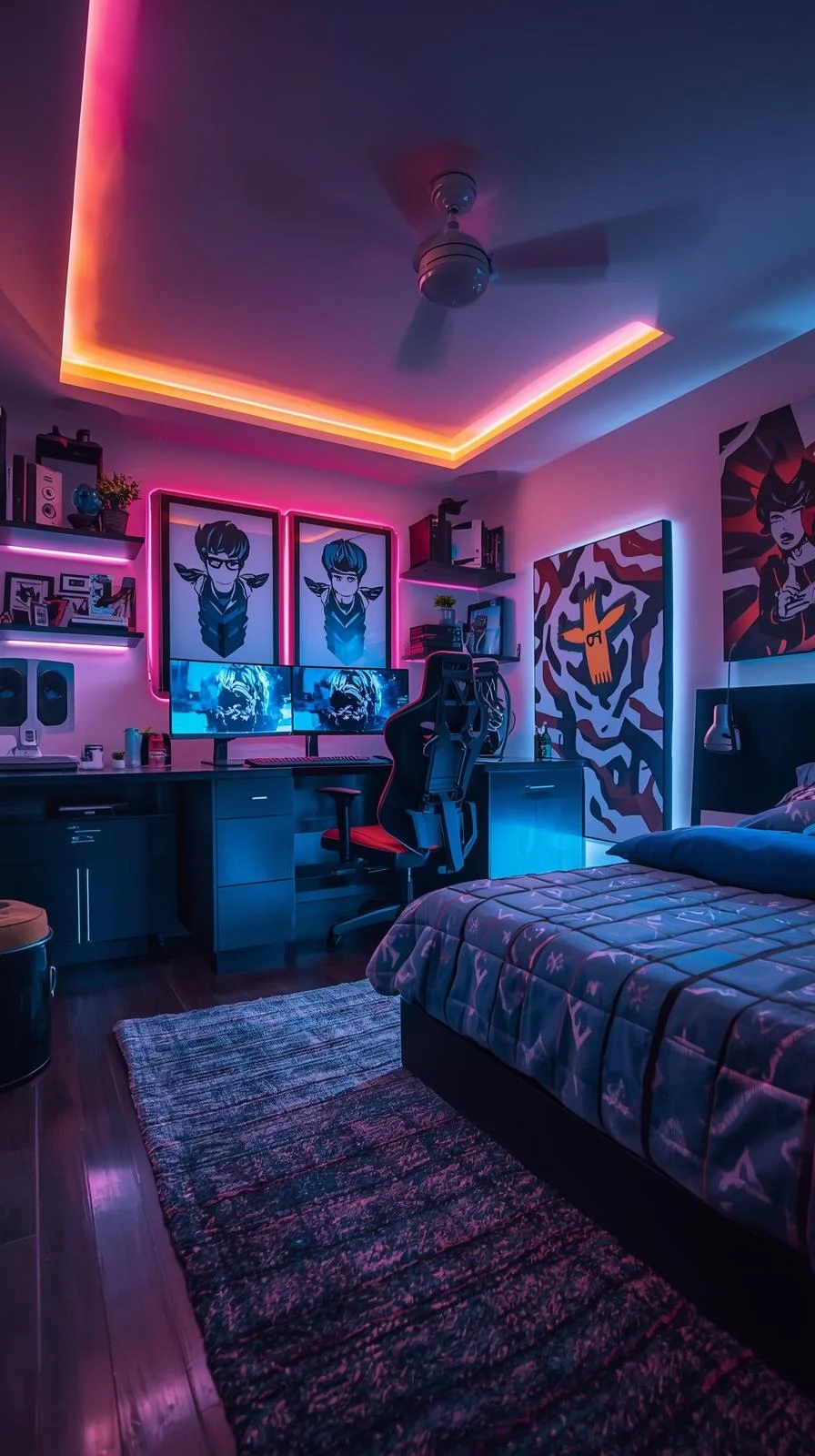 Cool kids rooms ideas Fortnite theme with LED lights, gaming chair, and modern design in a boys’ bedroom.