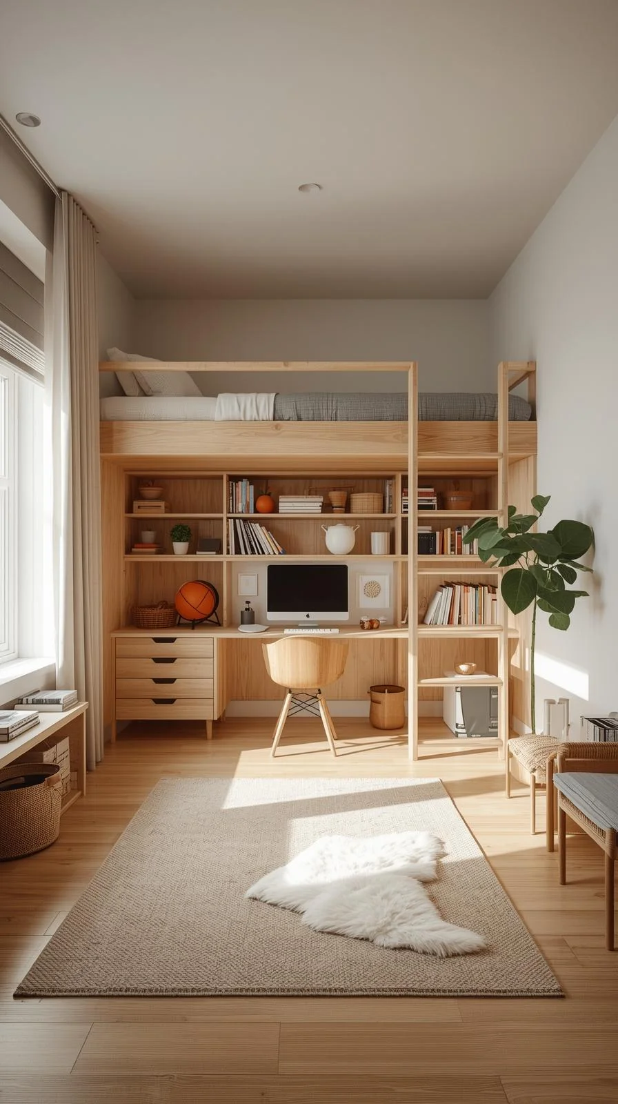 Cool kids rooms ideas with timeless furniture, loft bed, and flexible design that grows with the child from play to study.