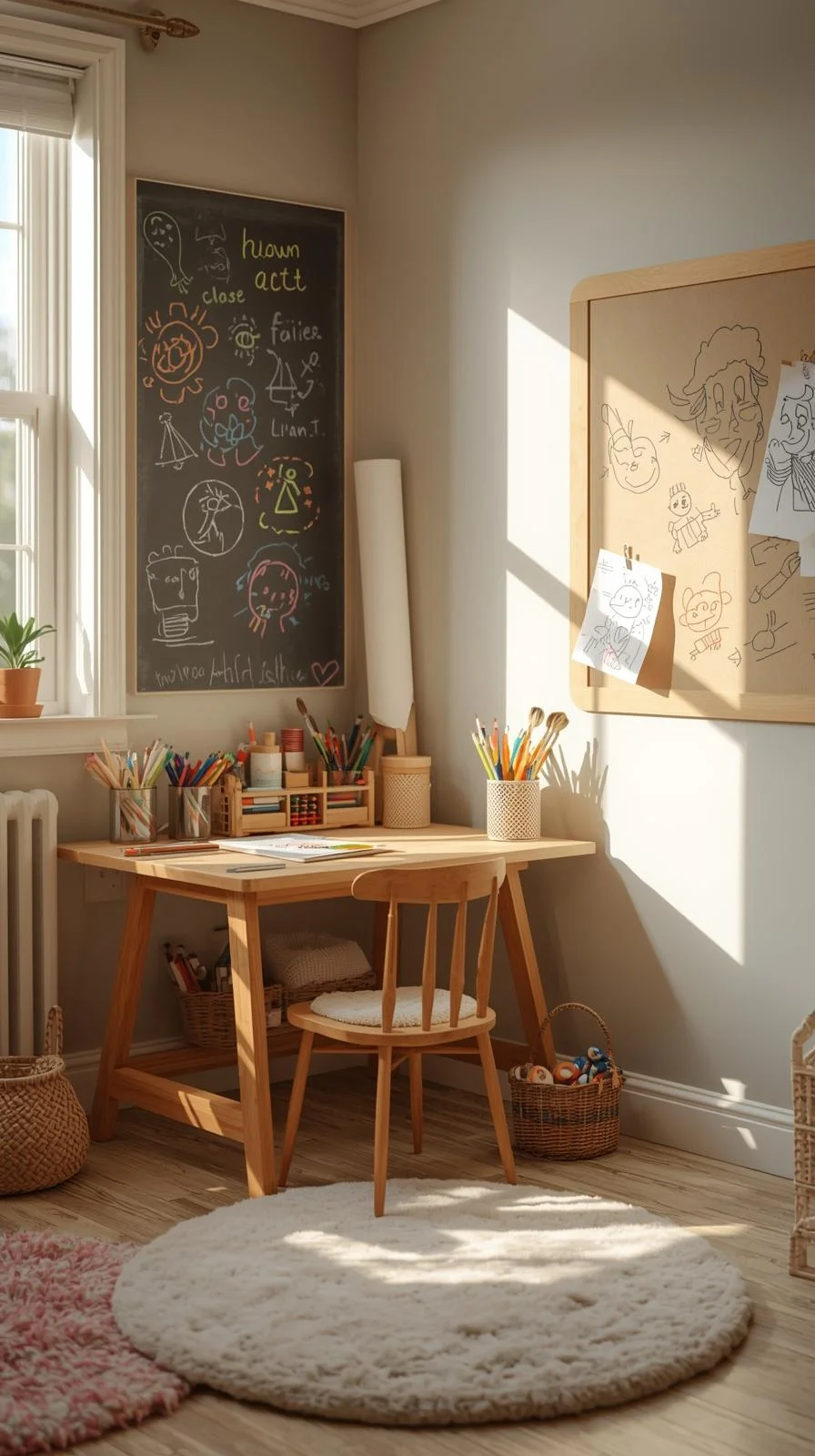 Cool kids rooms ideas with a creativity corner featuring art desk, chalkboard wall, and roll-down paper for daily imagination.