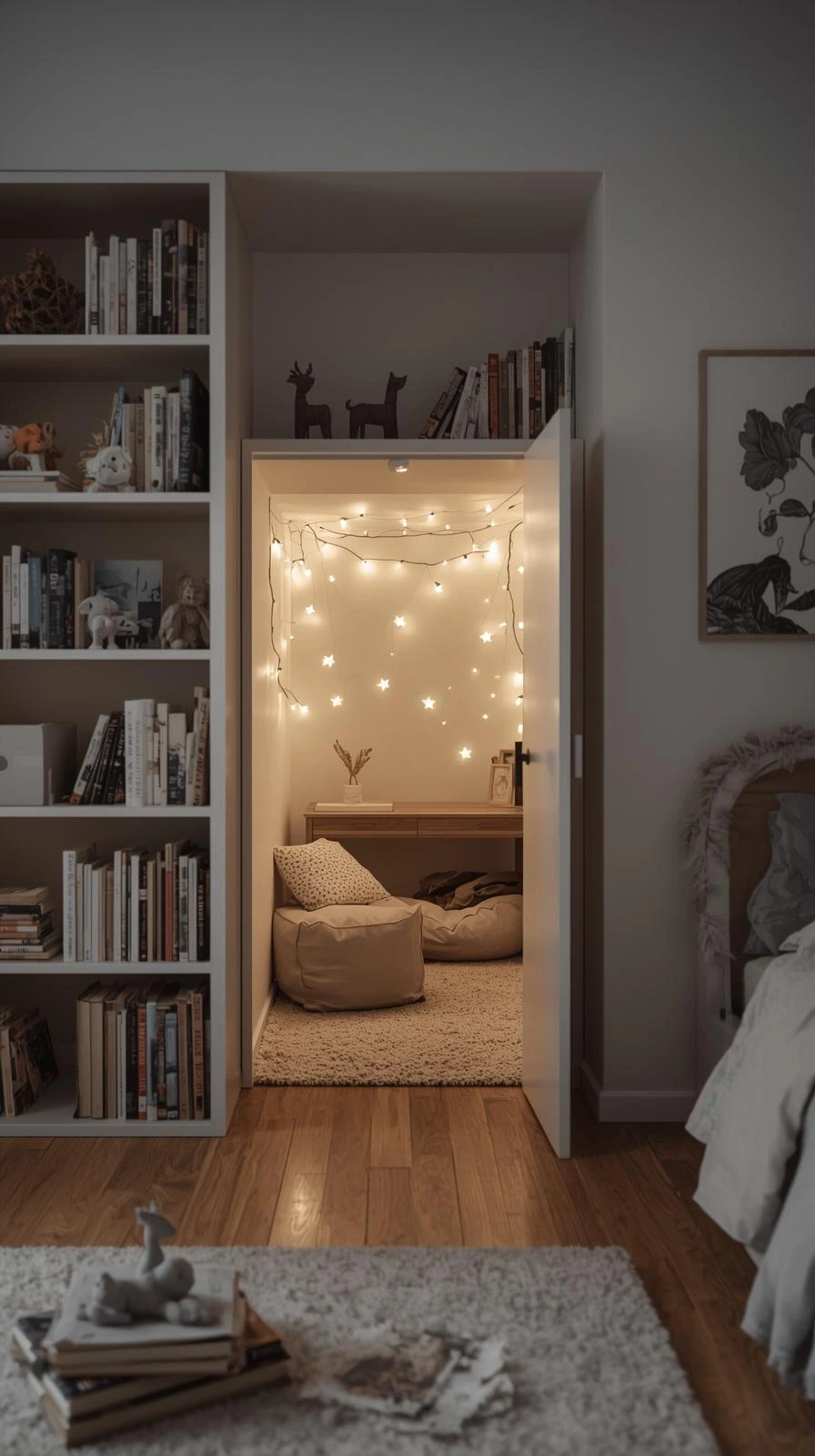 Cool kids rooms ideas with a hidden secret passage tunnel featuring glow-in-the-dark stars, lights, and a cozy reading cave.
