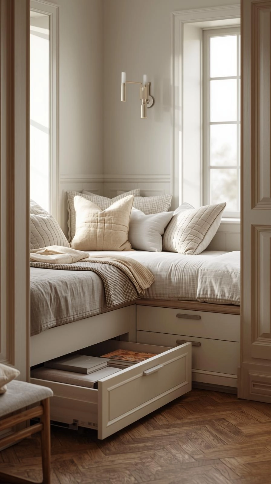Corner daybed with built-in storage drawers underneath in a bright, cozy small bedroom with neutral decor.