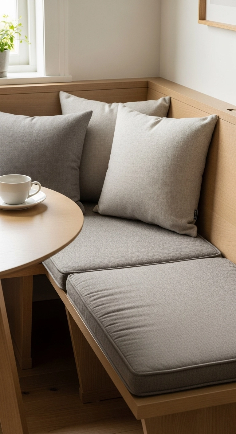 Soft neutral cushions on a corner dining nook bench for everyday comfort.