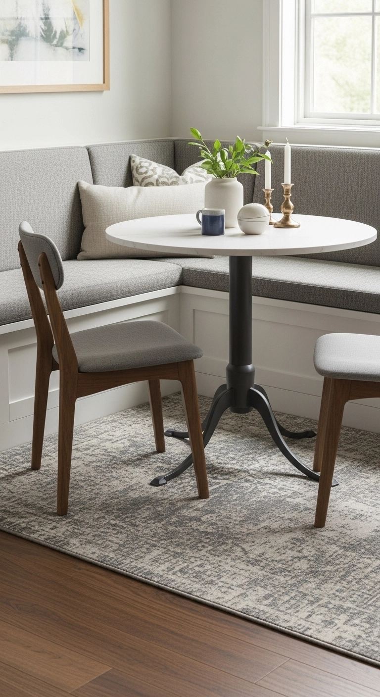 Corner dining nook with a flat rug under the table and bench to ground the space.