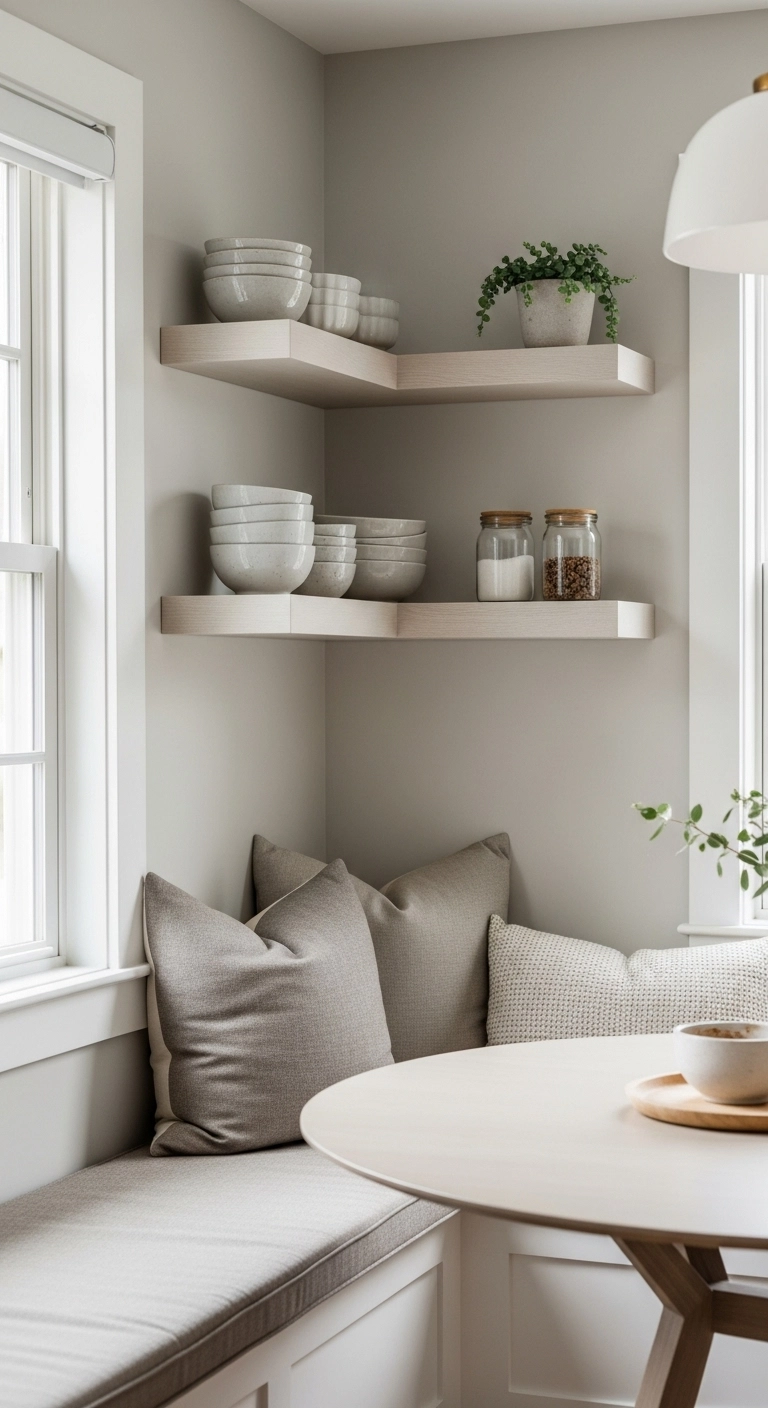 Corner dining nook with light floating shelves above a bench for simple storage.
