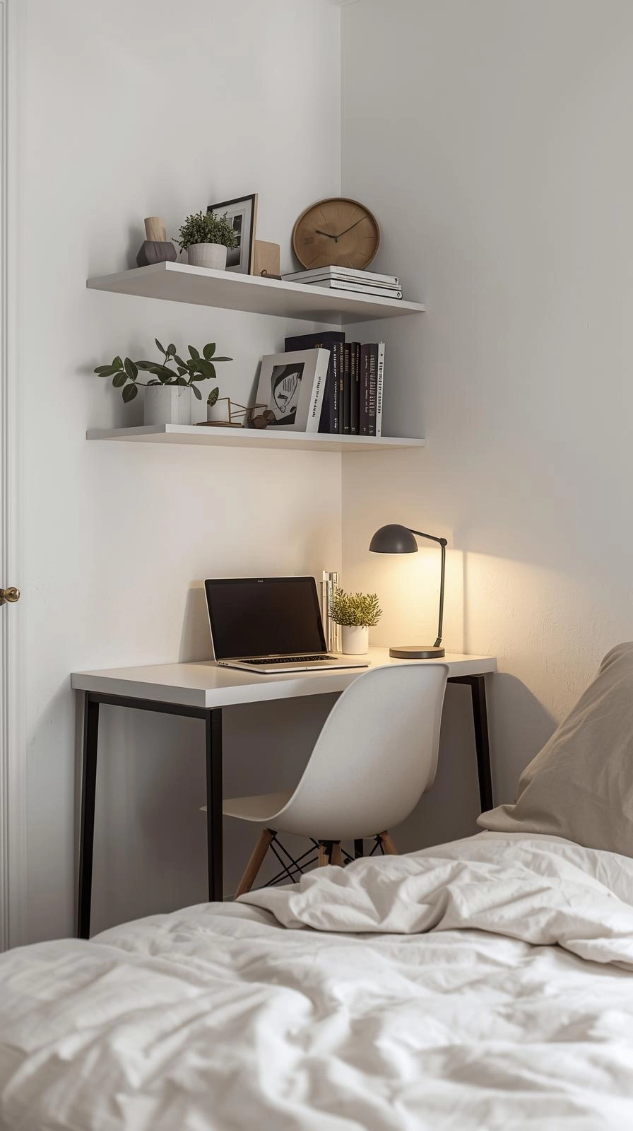 Small bedroom with a corner desk and shelves, showing smart office bedroom combo ideas for compact rooms.