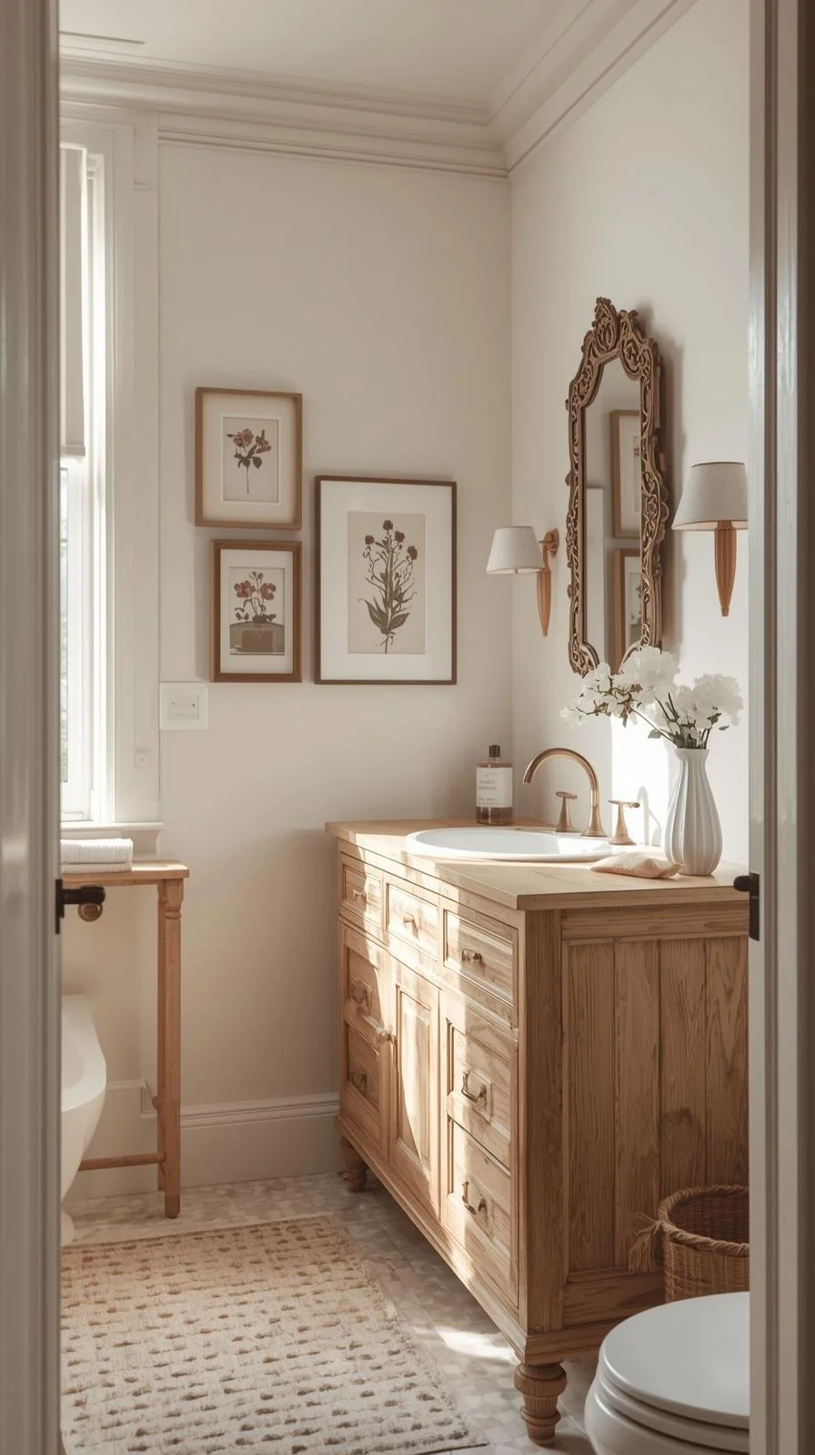 Cottage decorating ideas for bathrooms with simple artwork like botanical sketches, landscape prints, and framed mirrors.