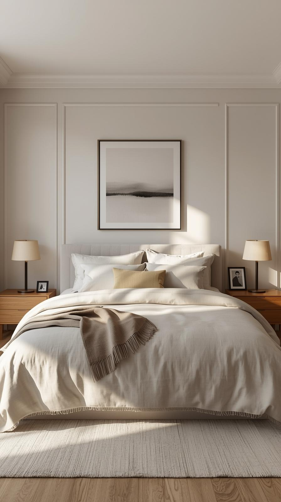 Couple bedroom decor inspiration with a minimalist design, matching nightstands, shared bedding, and balanced cozy details.