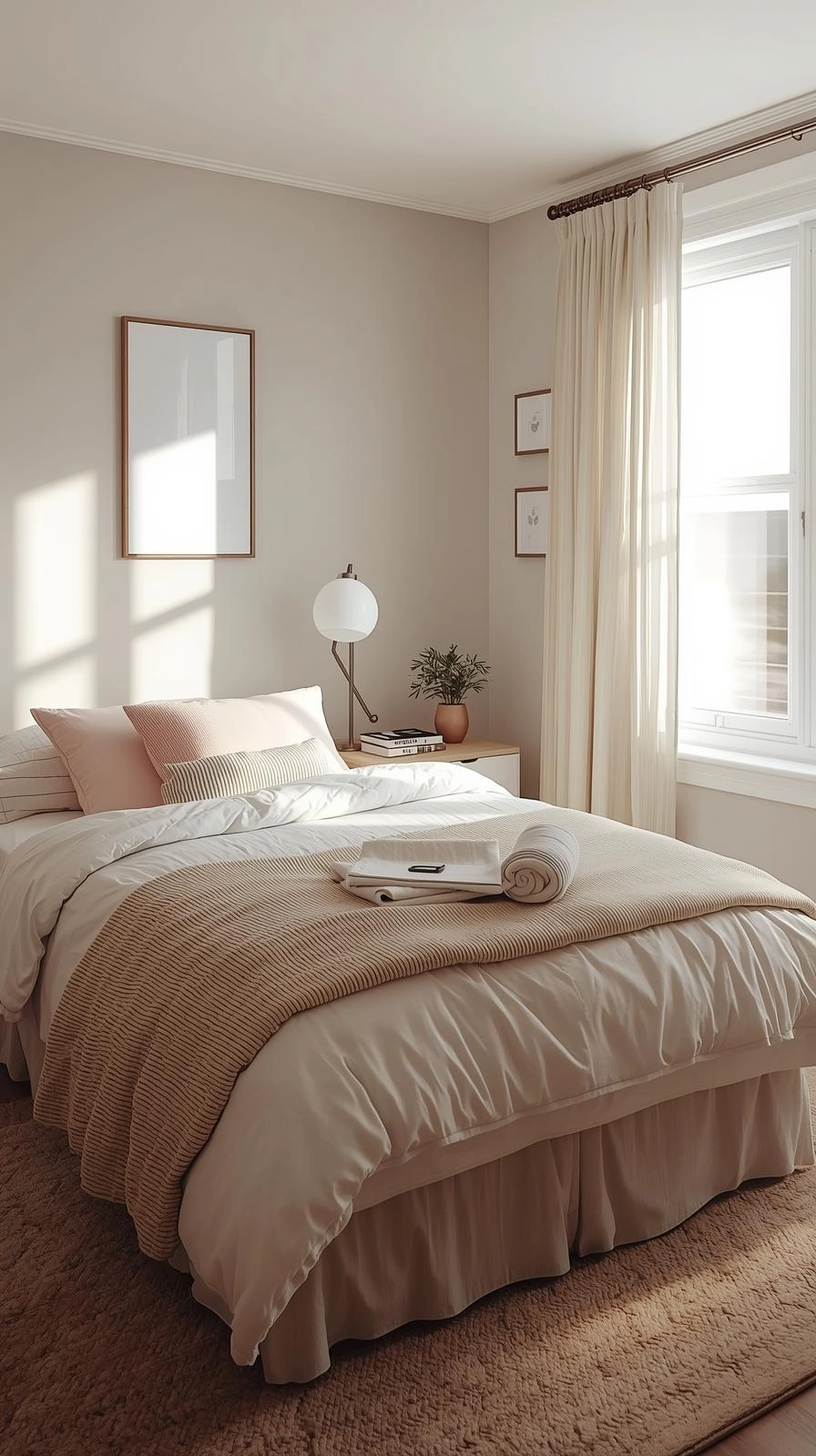 Cozy girls dorm room with soft bedding, pastel pillows, and warm natural lighting showing a comfortable dorm setup idea.