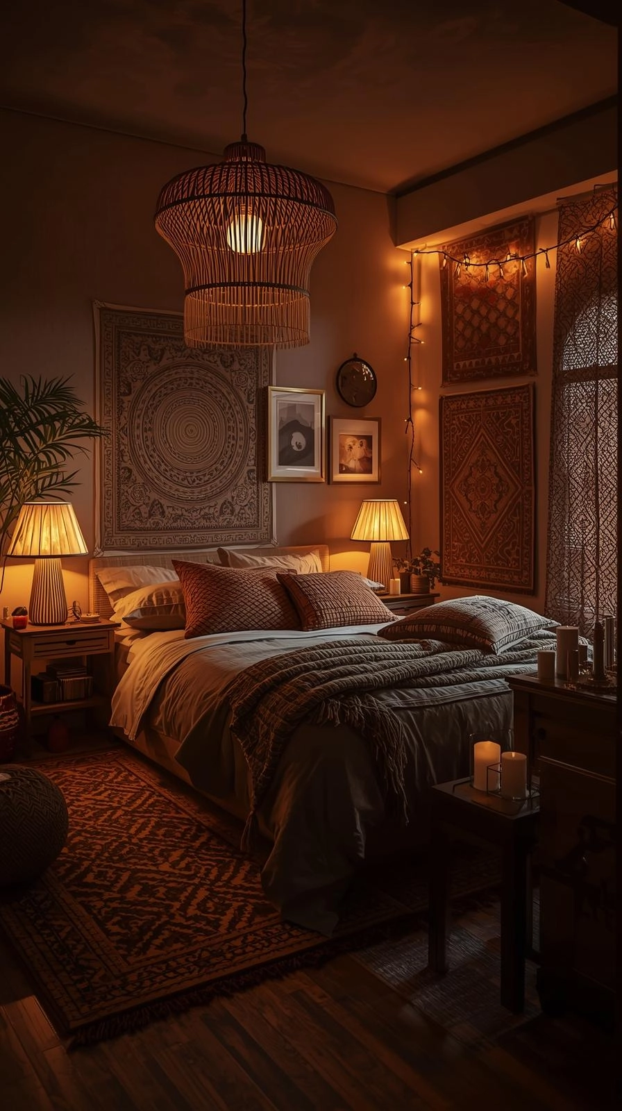 Boho maximalist bedroom with warm layered lighting from rattan lamps, fairy lights, and candles.